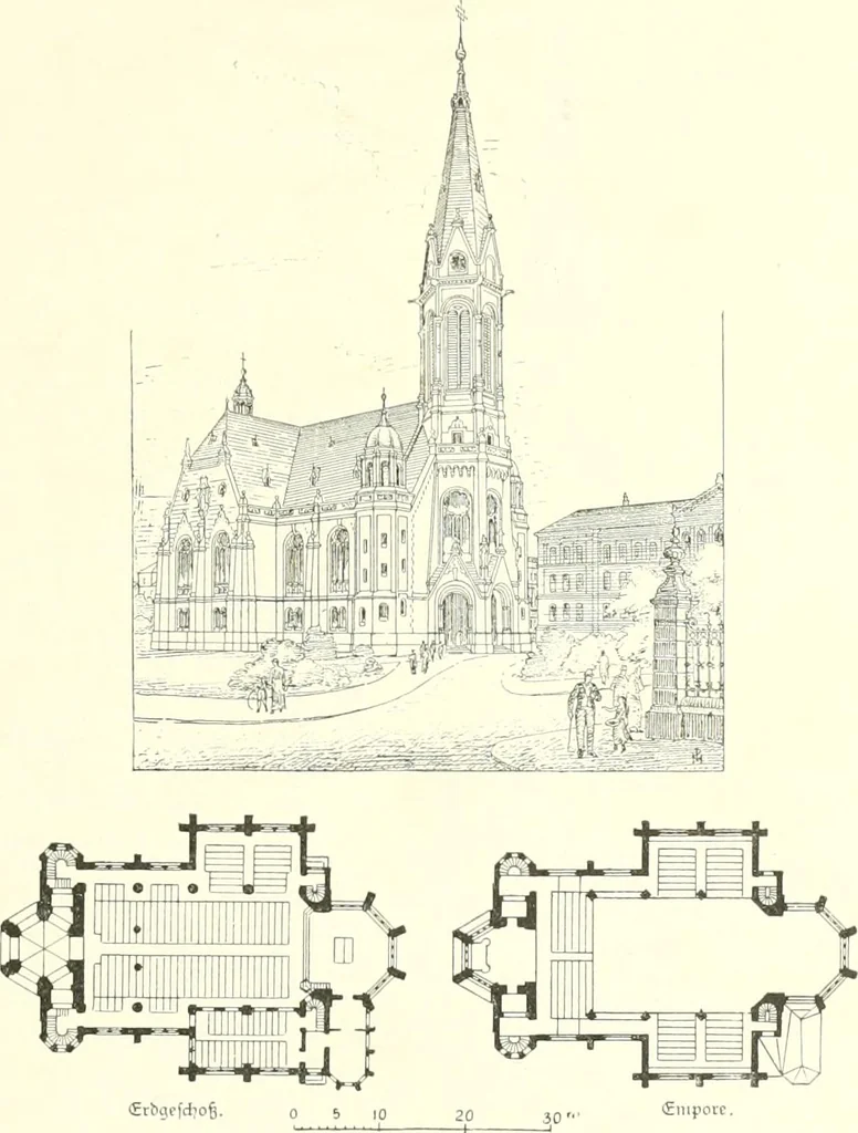 An illustration from Der Kirchenbau des Protestantismus von der Reformation bis zur Gegenwart, hrsg. von der Vereinigung Berliner Architekten, 1893, leaf 375