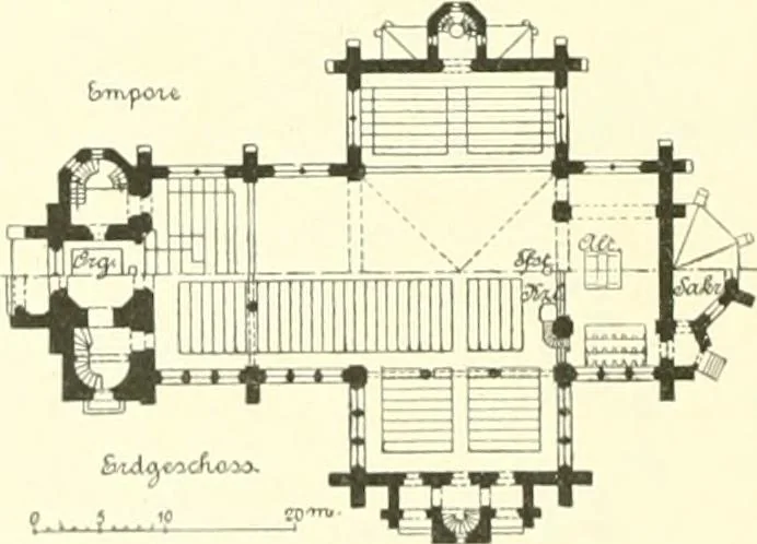 An illustration from Der Kirchenbau des Protestantismus von der Reformation bis zur Gegenwart, hrsg. von der Vereinigung Berliner Architekten, 1893, leaf 376