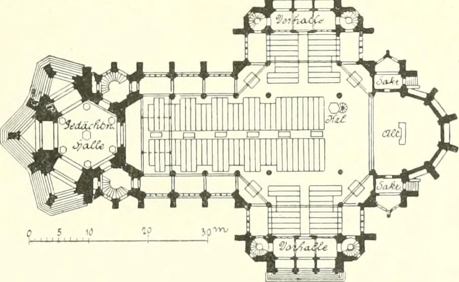 An illustration from Der Kirchenbau des Protestantismus von der Reformation bis zur Gegenwart, hrsg. von der Vereinigung Berliner Architekten, 1893, leaf 377