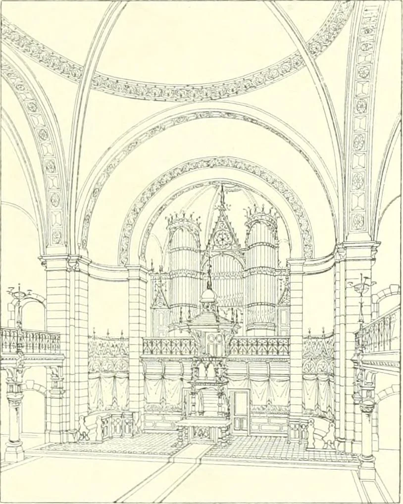 An illustration from Der Kirchenbau des Protestantismus von der Reformation bis zur Gegenwart, hrsg. von der Vereinigung Berliner Architekten, 1893, leaf 385