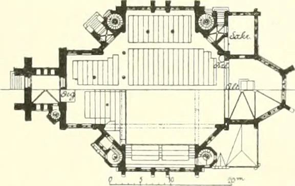An illustration from Der Kirchenbau des Protestantismus von der Reformation bis zur Gegenwart, hrsg. von der Vereinigung Berliner Architekten, 1893, leaf 393