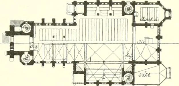 An illustration from Der Kirchenbau des Protestantismus von der Reformation bis zur Gegenwart, hrsg. von der Vereinigung Berliner Architekten, 1893, leaf 393