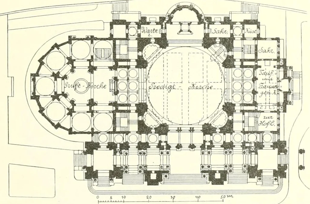 An illustration from Der Kirchenbau des Protestantismus von der Reformation bis zur Gegenwart, hrsg. von der Vereinigung Berliner Architekten, 1893, leaf 395