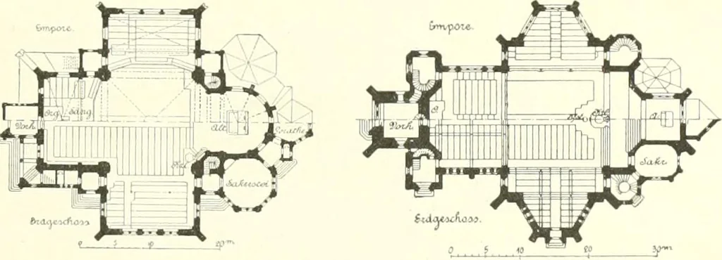 An illustration from Der Kirchenbau des Protestantismus von der Reformation bis zur Gegenwart, hrsg. von der Vereinigung Berliner Architekten, 1893, leaf 401