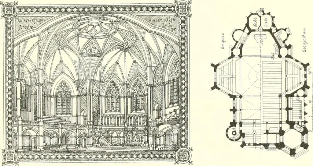 An illustration from Der Kirchenbau des Protestantismus von der Reformation bis zur Gegenwart, hrsg. von der Vereinigung Berliner Architekten, 1893, leaf 403