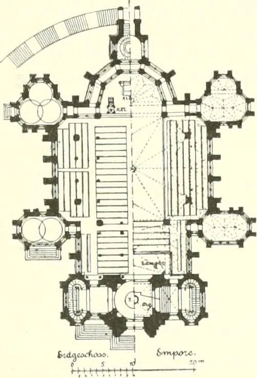 An illustration from Der Kirchenbau des Protestantismus von der Reformation bis zur Gegenwart, hrsg. von der Vereinigung Berliner Architekten, 1893, leaf 405