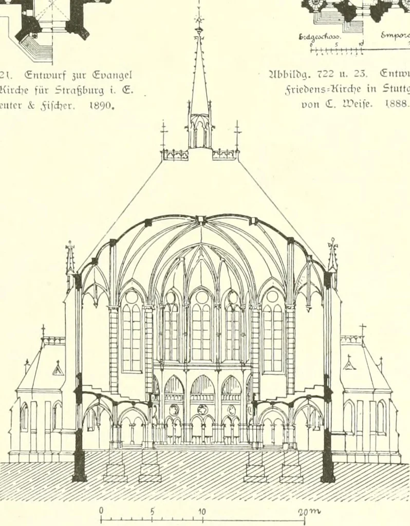 An illustration from Der Kirchenbau des Protestantismus von der Reformation bis zur Gegenwart, hrsg. von der Vereinigung Berliner Architekten, 1893, leaf 405