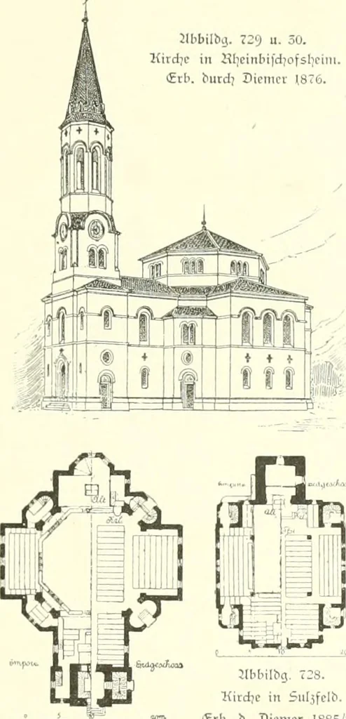 An illustration from Der Kirchenbau des Protestantismus von der Reformation bis zur Gegenwart, hrsg. von der Vereinigung Berliner Architekten, 1893, leaf 407