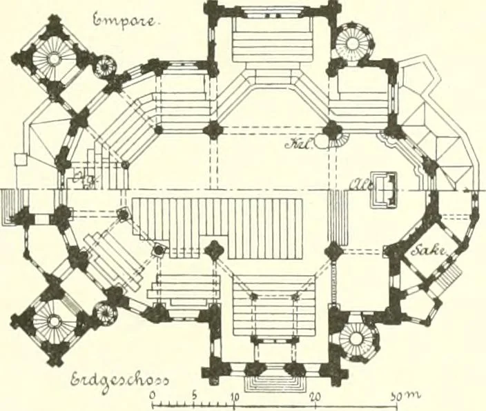 An illustration from Der Kirchenbau des Protestantismus von der Reformation bis zur Gegenwart, hrsg. von der Vereinigung Berliner Architekten, 1893, leaf 409