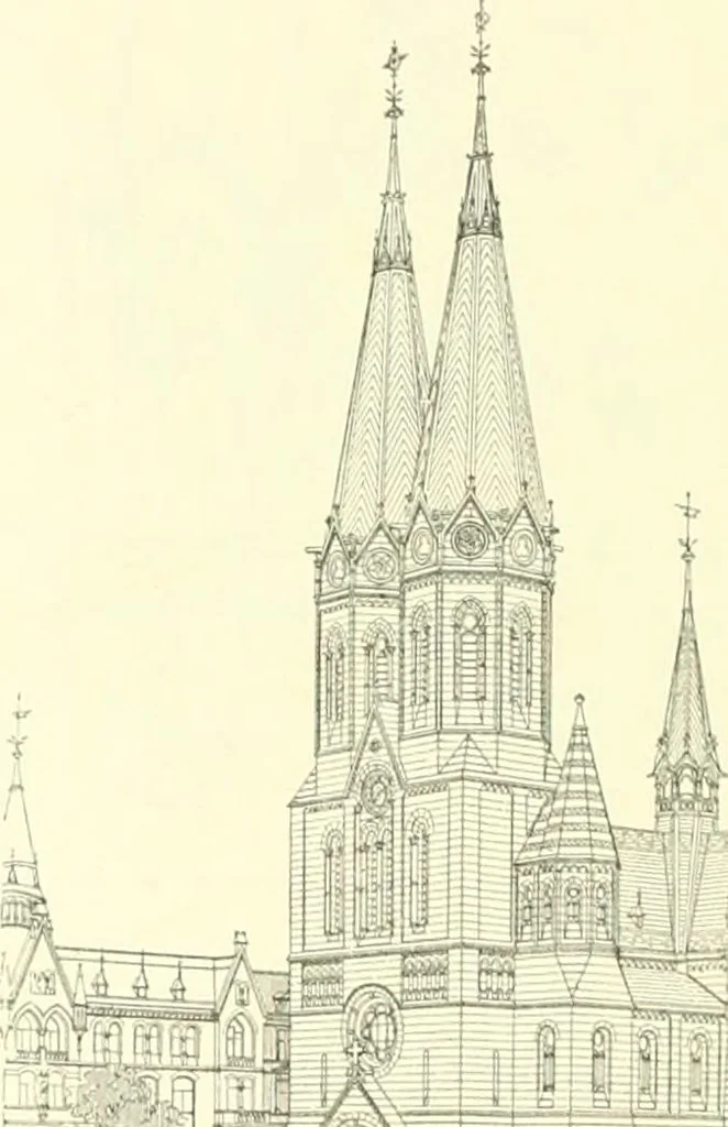 An illustration from Der Kirchenbau des Protestantismus von der Reformation bis zur Gegenwart, hrsg. von der Vereinigung Berliner Architekten, 1893, leaf 410
