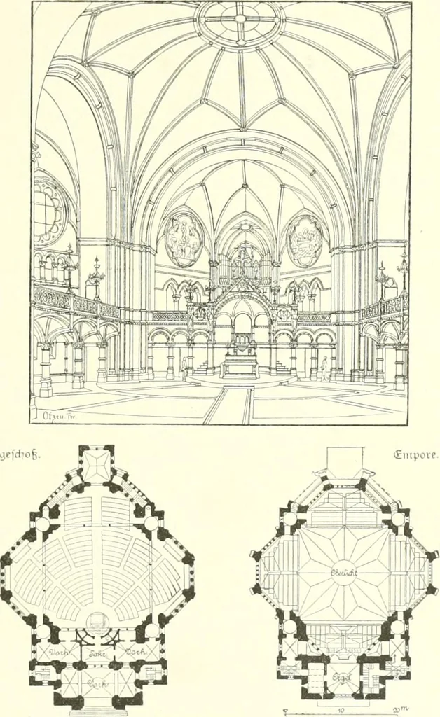 An illustration from Der Kirchenbau des Protestantismus von der Reformation bis zur Gegenwart, hrsg. von der Vereinigung Berliner Architekten, 1893, leaf 411