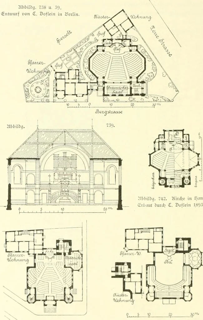 An illustration from Der Kirchenbau des Protestantismus von der Reformation bis zur Gegenwart, hrsg. von der Vereinigung Berliner Architekten, 1893, leaf 412
