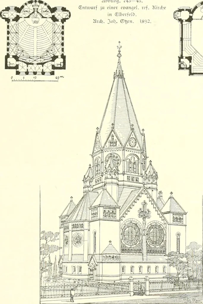 An illustration from Der Kirchenbau des Protestantismus von der Reformation bis zur Gegenwart, hrsg. von der Vereinigung Berliner Architekten, 1893, leaf 413