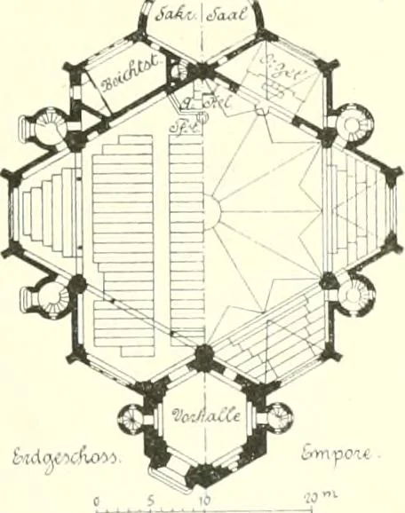 An illustration from Der Kirchenbau des Protestantismus von der Reformation bis zur Gegenwart, hrsg. von der Vereinigung Berliner Architekten, 1893, leaf 417