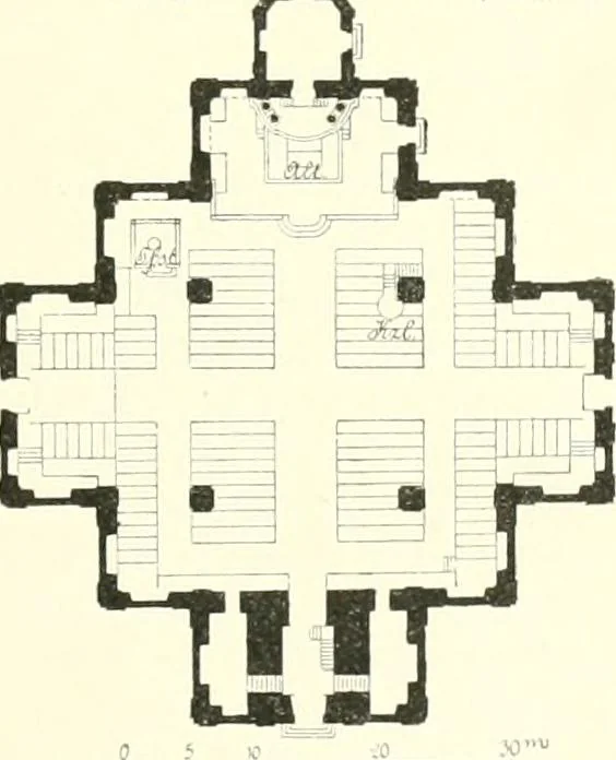 An illustration from Der Kirchenbau des Protestantismus von der Reformation bis zur Gegenwart, hrsg. von der Vereinigung Berliner Architekten, 1893, leaf 429