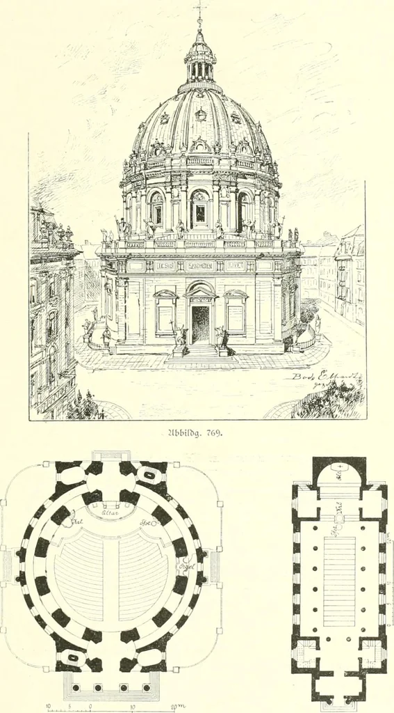 An illustration from Der Kirchenbau des Protestantismus von der Reformation bis zur Gegenwart, hrsg. von der Vereinigung Berliner Architekten, 1893, leaf 431