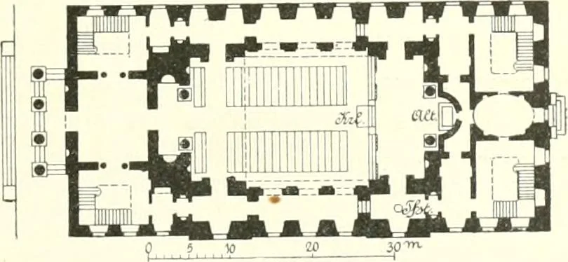 An illustration from Der Kirchenbau des Protestantismus von der Reformation bis zur Gegenwart, hrsg. von der Vereinigung Berliner Architekten, 1893, leaf 433