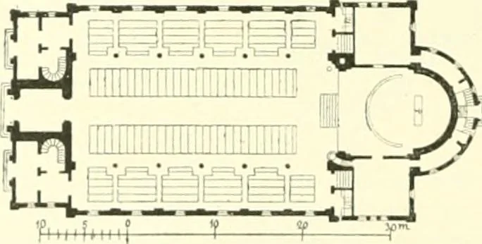 An illustration from Der Kirchenbau des Protestantismus von der Reformation bis zur Gegenwart, hrsg. von der Vereinigung Berliner Architekten, 1893, leaf 434