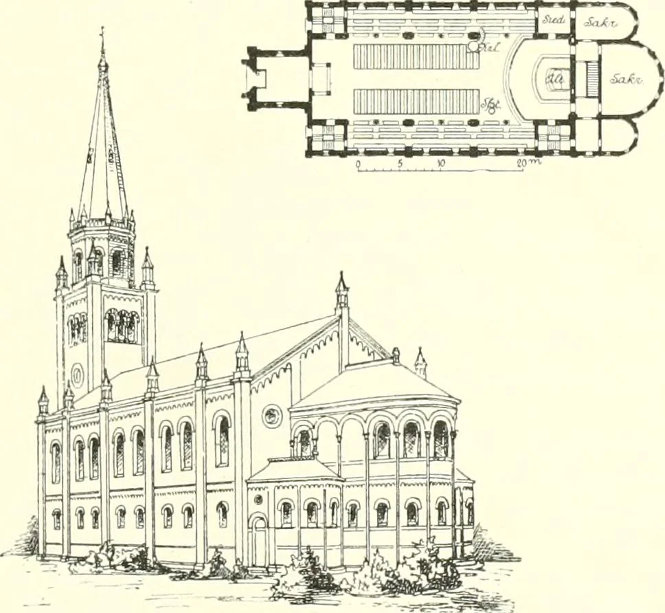 An illustration from Der Kirchenbau des Protestantismus von der Reformation bis zur Gegenwart, hrsg. von der Vereinigung Berliner Architekten, 1893, leaf 435