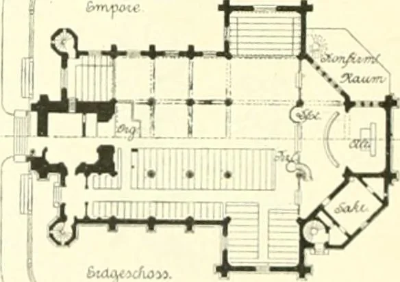 An illustration from Der Kirchenbau des Protestantismus von der Reformation bis zur Gegenwart, hrsg. von der Vereinigung Berliner Architekten, 1893, leaf 444