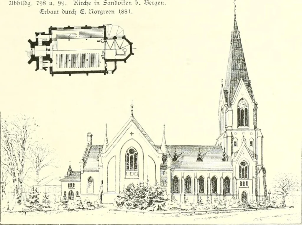 An illustration from Der Kirchenbau des Protestantismus von der Reformation bis zur Gegenwart, hrsg. von der Vereinigung Berliner Architekten, 1893, leaf 445