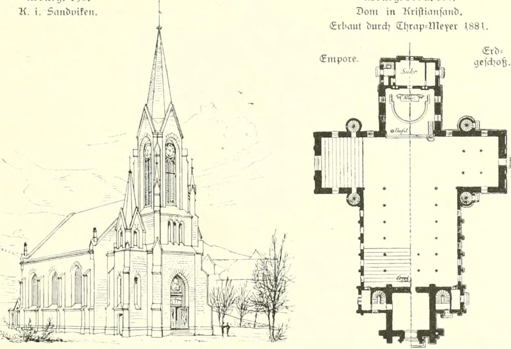 An illustration from Der Kirchenbau des Protestantismus von der Reformation bis zur Gegenwart, hrsg. von der Vereinigung Berliner Architekten, 1893, leaf 445