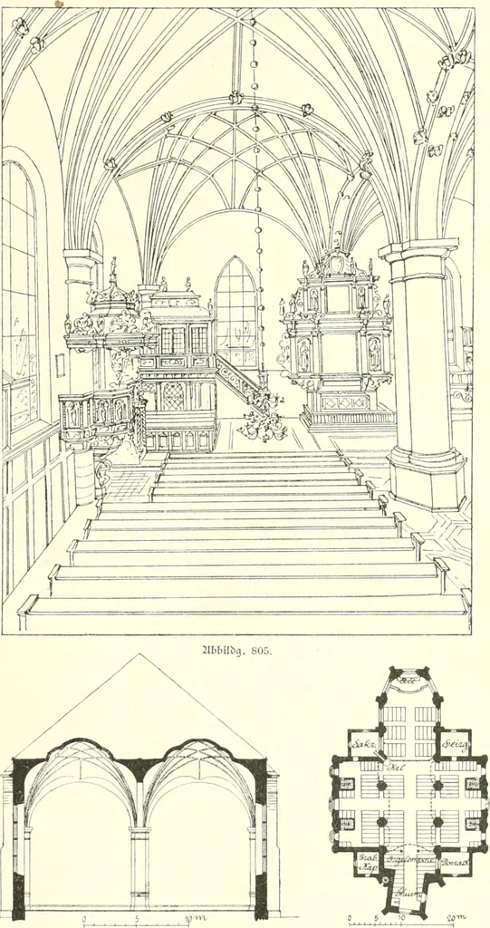 An illustration from Der Kirchenbau des Protestantismus von der Reformation bis zur Gegenwart, hrsg. von der Vereinigung Berliner Architekten, 1893, leaf 449