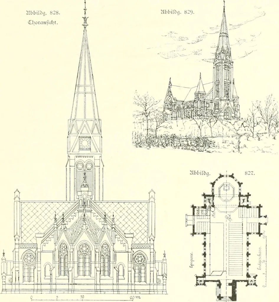 An illustration from Der Kirchenbau des Protestantismus von der Reformation bis zur Gegenwart, hrsg. von der Vereinigung Berliner Architekten, 1893, leaf 459