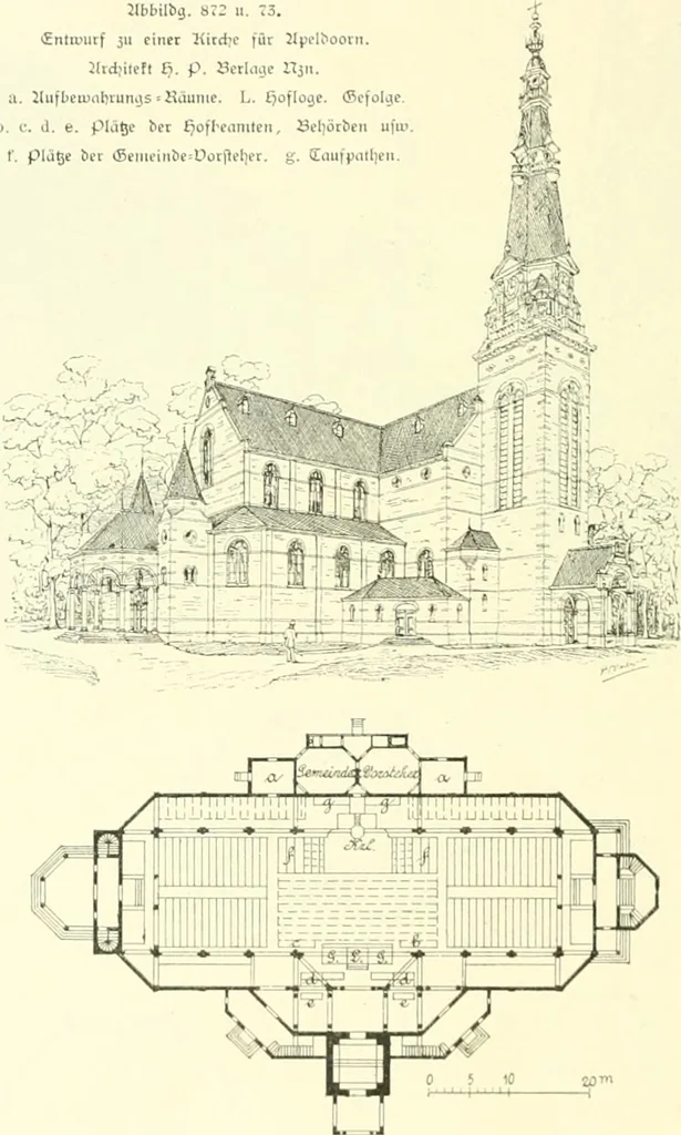 An illustration from Der Kirchenbau des Protestantismus von der Reformation bis zur Gegenwart, hrsg. von der Vereinigung Berliner Architekten, 1893, leaf 480
