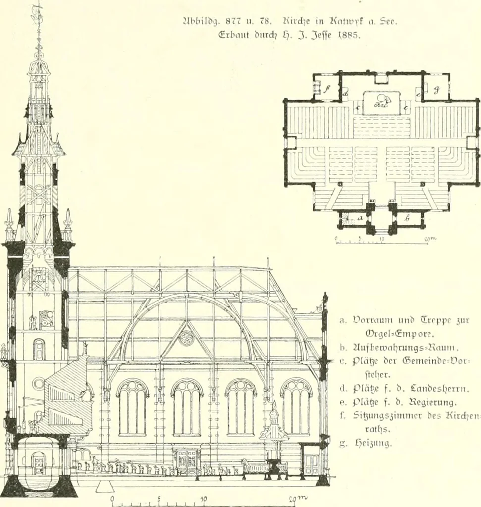 An illustration from Der Kirchenbau des Protestantismus von der Reformation bis zur Gegenwart, hrsg. von der Vereinigung Berliner Architekten, 1893, leaf 483