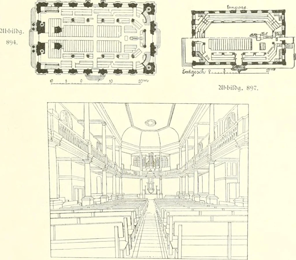 An illustration from Der Kirchenbau des Protestantismus von der Reformation bis zur Gegenwart, hrsg. von der Vereinigung Berliner Architekten, 1893, leaf 495