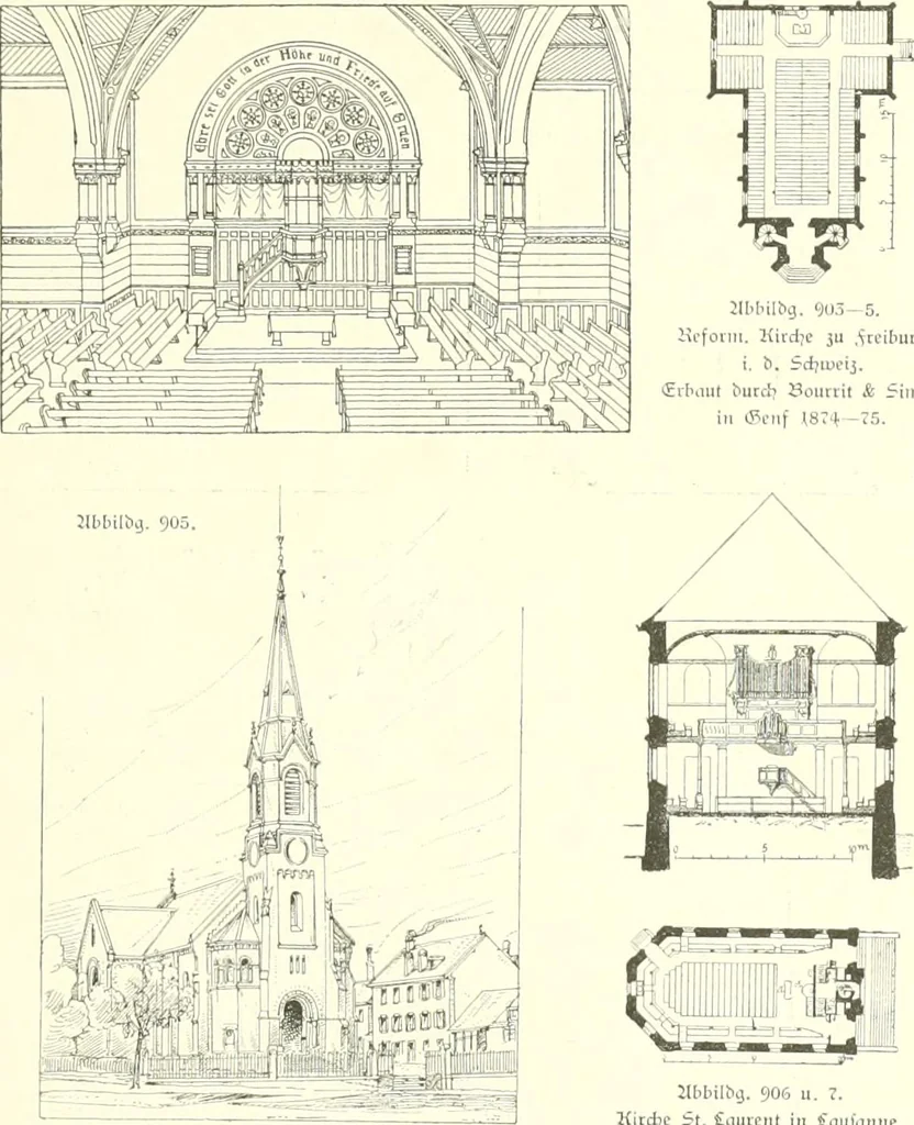 An illustration from Der Kirchenbau des Protestantismus von der Reformation bis zur Gegenwart, hrsg. von der Vereinigung Berliner Architekten, 1893, leaf 497