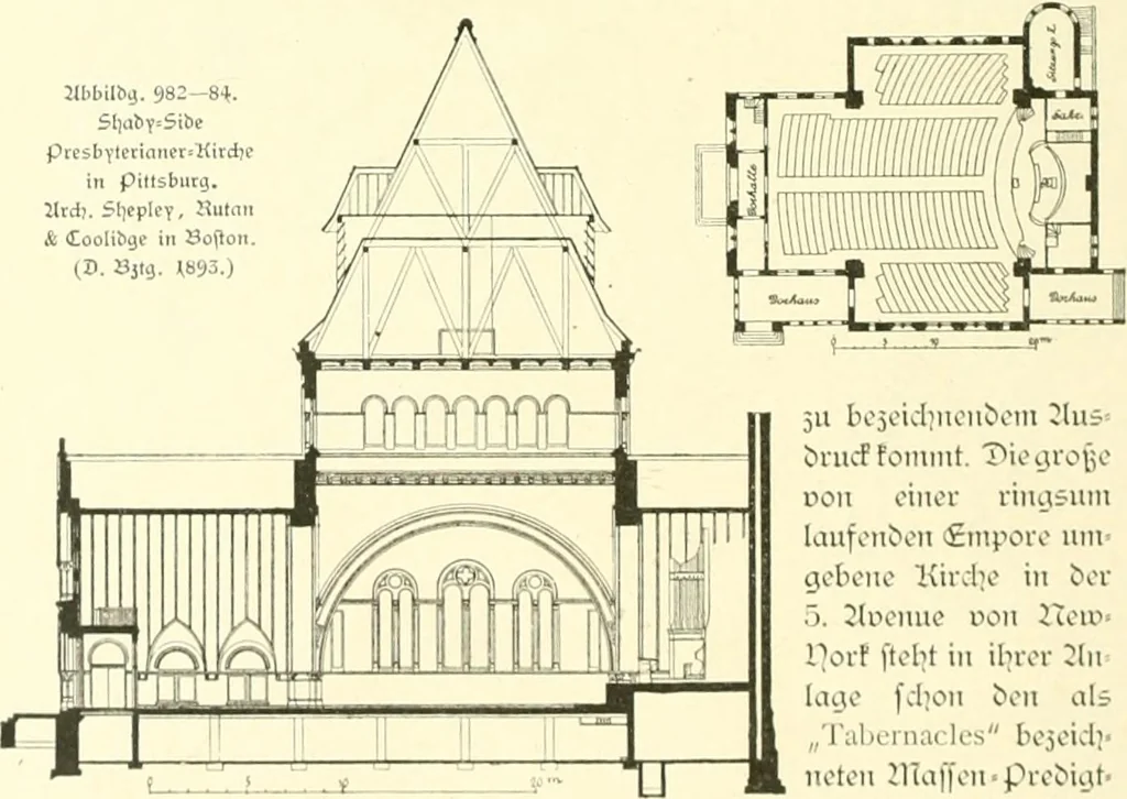 An illustration from Der Kirchenbau des Protestantismus von der Reformation bis zur Gegenwart, hrsg. von der Vereinigung Berliner Architekten, 1893, leaf 530
