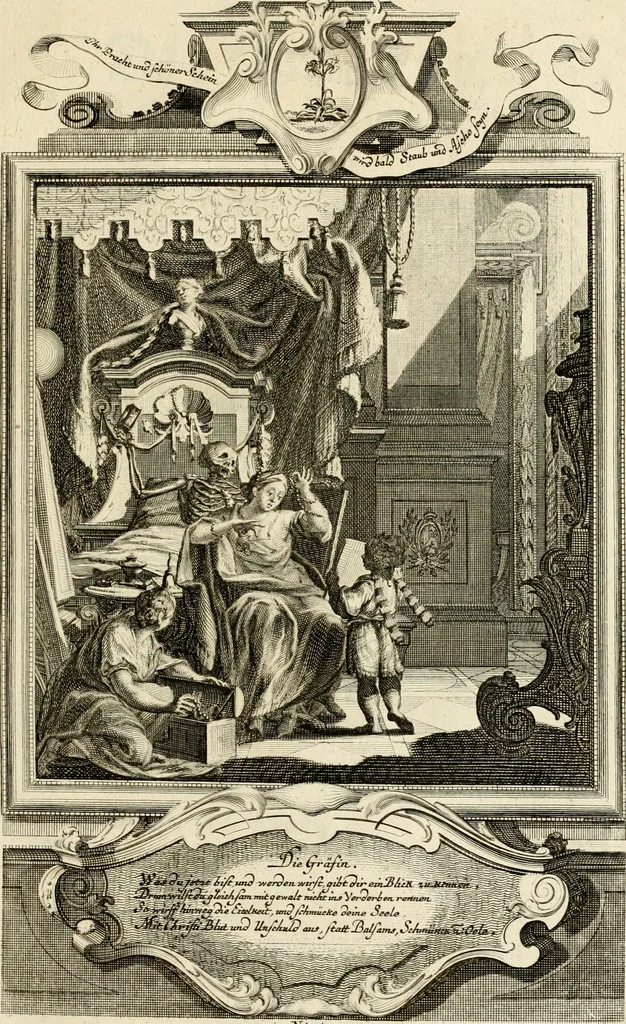 An illustration from Der sogenannte Sinn-lehr-und Geist-volle ... Todentanz : anietzo mit einigen einfältig, doch gut gemeynten Reimen und Versen versehen, 1767, leaf 104