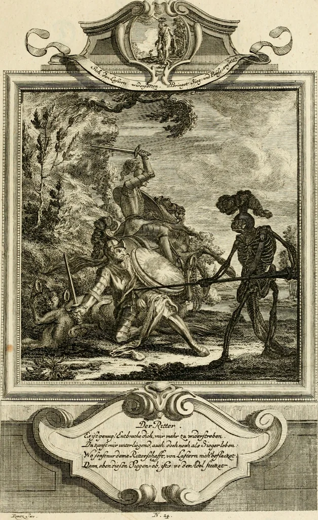 An illustration from Der sogenannte Sinn-lehr-und Geist-volle ... Todentanz : anietzo mit einigen einfältig, doch gut gemeynten Reimen und Versen versehen, 1767, leaf 112