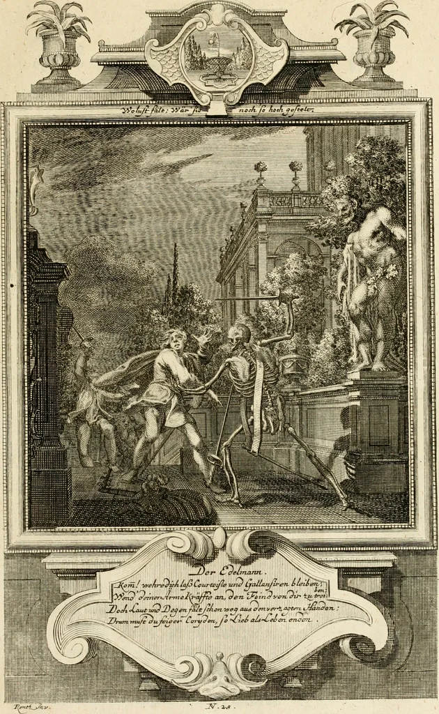 An illustration from Der sogenannte Sinn-lehr-und Geist-volle ... Todentanz : anietzo mit einigen einfältig, doch gut gemeynten Reimen und Versen versehen, 1767, leaf 116