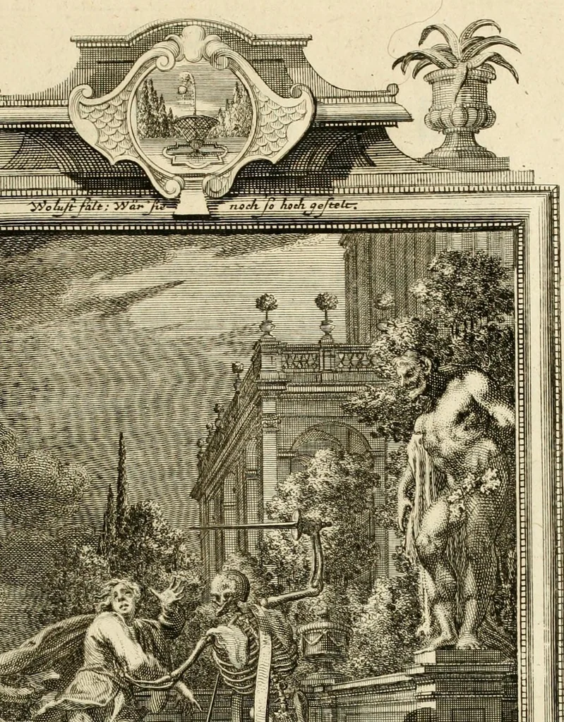 An illustration from Der sogenannte Sinn-lehr-und Geist-volle ... Todentanz : anietzo mit einigen einfältig, doch gut gemeynten Reimen und Versen versehen, 1767, leaf 117