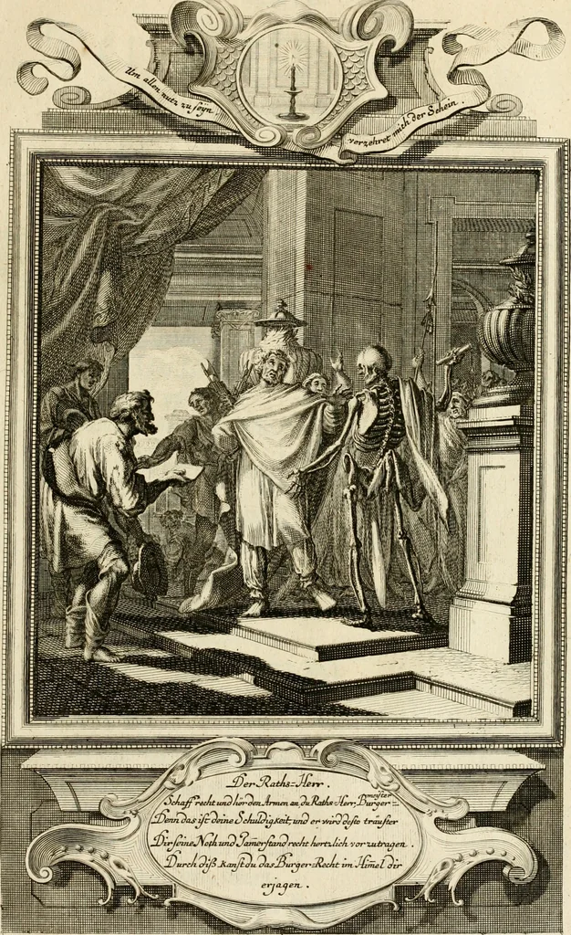 An illustration from Der sogenannte Sinn-lehr-und Geist-volle ... Todentanz : anietzo mit einigen einfältig, doch gut gemeynten Reimen und Versen versehen, 1767, leaf 124