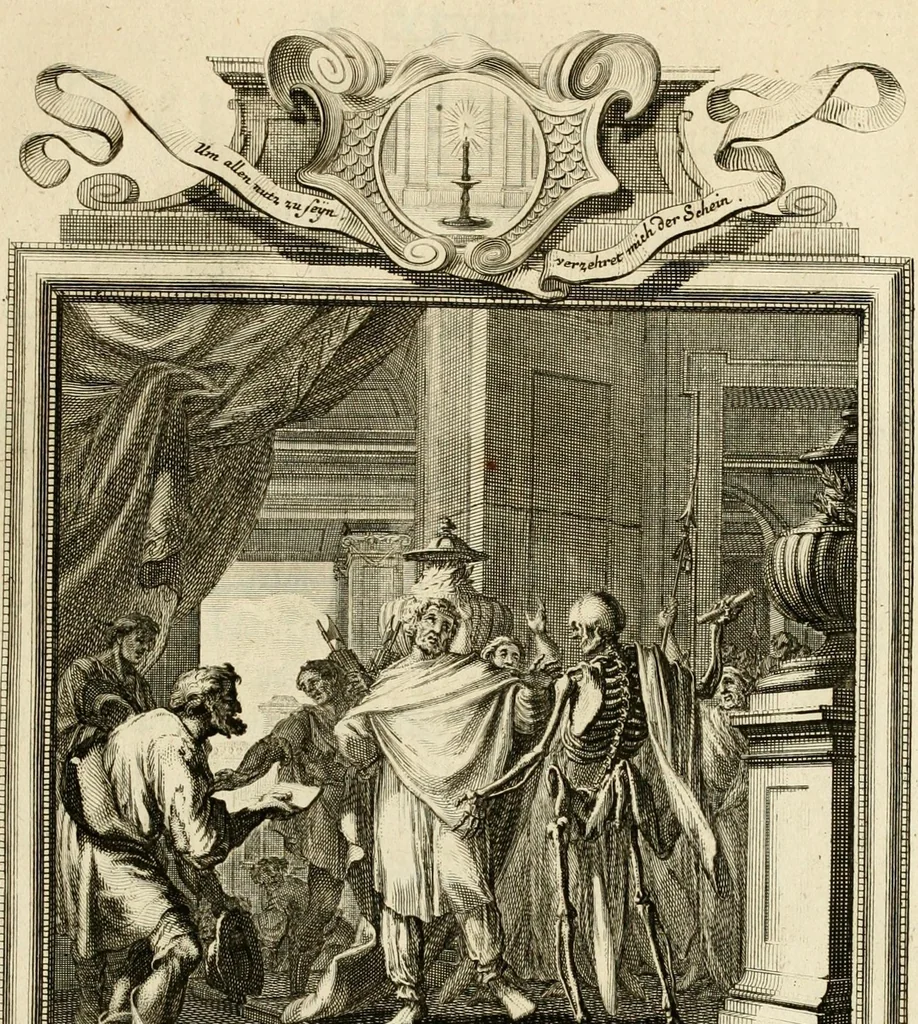 An illustration from Der sogenannte Sinn-lehr-und Geist-volle ... Todentanz : anietzo mit einigen einfältig, doch gut gemeynten Reimen und Versen versehen, 1767, leaf 125