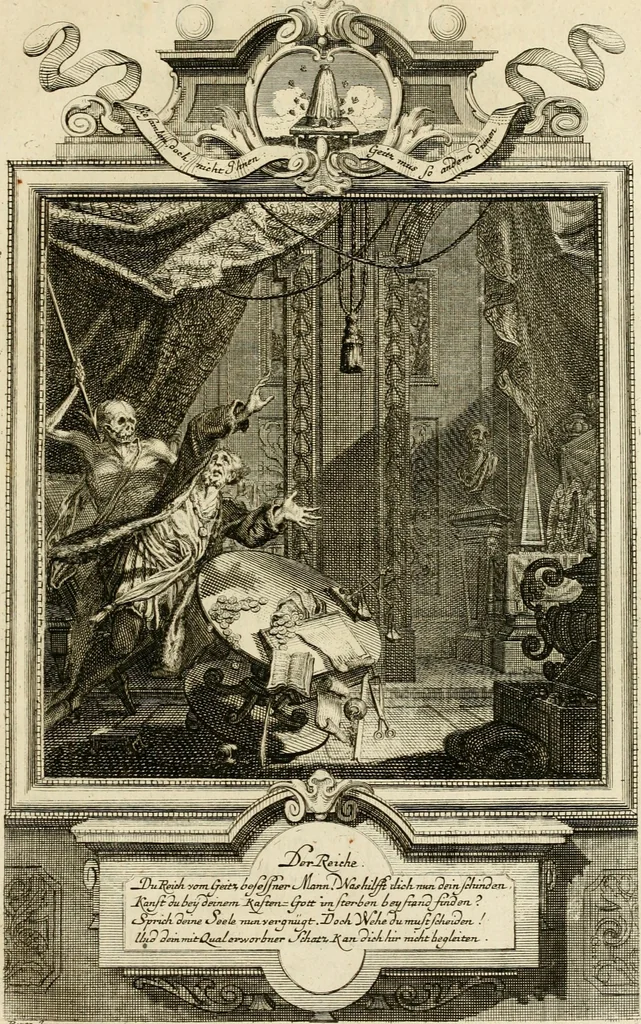 An illustration from Der sogenannte Sinn-lehr-und Geist-volle ... Todentanz : anietzo mit einigen einfältig, doch gut gemeynten Reimen und Versen versehen, 1767, leaf 140