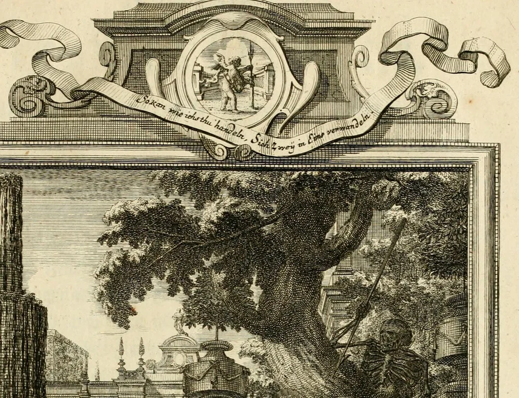 An illustration from Der sogenannte Sinn-lehr-und Geist-volle ... Todentanz : anietzo mit einigen einfältig, doch gut gemeynten Reimen und Versen versehen, 1767, leaf 153