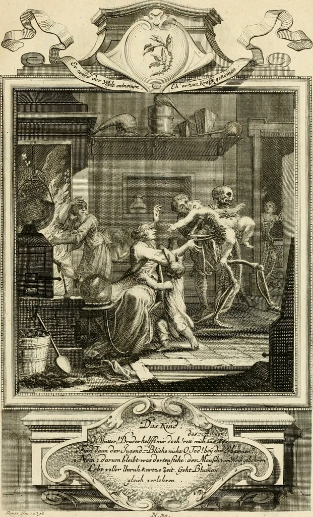 An illustration from Der sogenannte Sinn-lehr-und Geist-volle ... Todentanz : anietzo mit einigen einfältig, doch gut gemeynten Reimen und Versen versehen, 1767, leaf 156