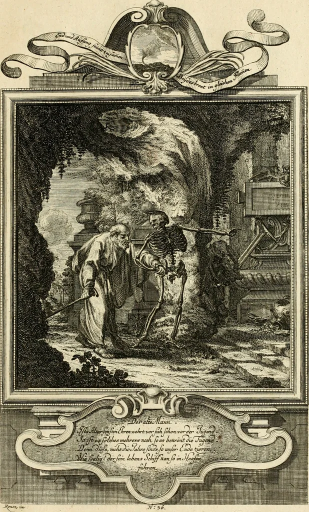 An illustration from Der sogenannte Sinn-lehr-und Geist-volle ... Todentanz : anietzo mit einigen einfältig, doch gut gemeynten Reimen und Versen versehen, 1767, leaf 160