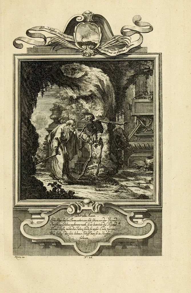 An illustration from Der sogenannte Sinn-lehr-und Geist-volle ... Todentanz : anietzo mit einigen einfältig, doch gut gemeynten Reimen und Versen versehen, 1767, leaf 161