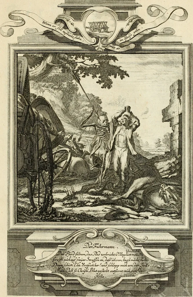 An illustration from Der sogenannte Sinn-lehr-und Geist-volle ... Todentanz : anietzo mit einigen einfältig, doch gut gemeynten Reimen und Versen versehen, 1767, leaf 168