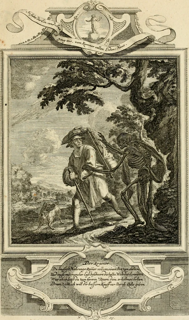 An illustration from Der sogenannte Sinn-lehr-und Geist-volle ... Todentanz : anietzo mit einigen einfältig, doch gut gemeynten Reimen und Versen versehen, 1767, leaf 172