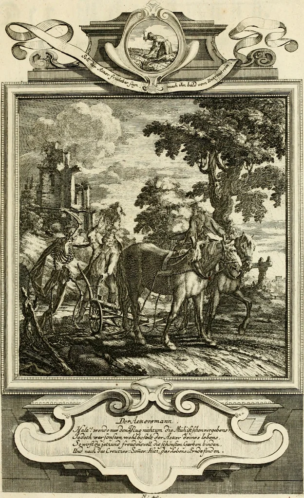 An illustration from Der sogenannte Sinn-lehr-und Geist-volle ... Todentanz : anietzo mit einigen einfältig, doch gut gemeynten Reimen und Versen versehen, 1767, leaf 176