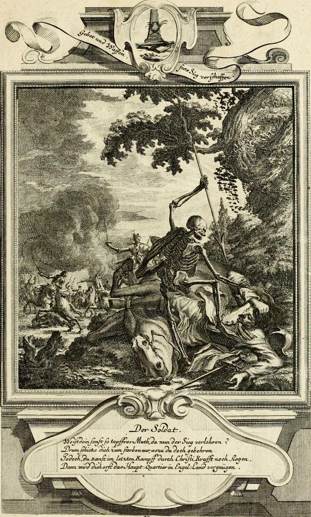 An illustration from Der sogenannte Sinn-lehr-und Geist-volle ... Todentanz : anietzo mit einigen einfältig, doch gut gemeynten Reimen und Versen versehen, 1767, leaf 180