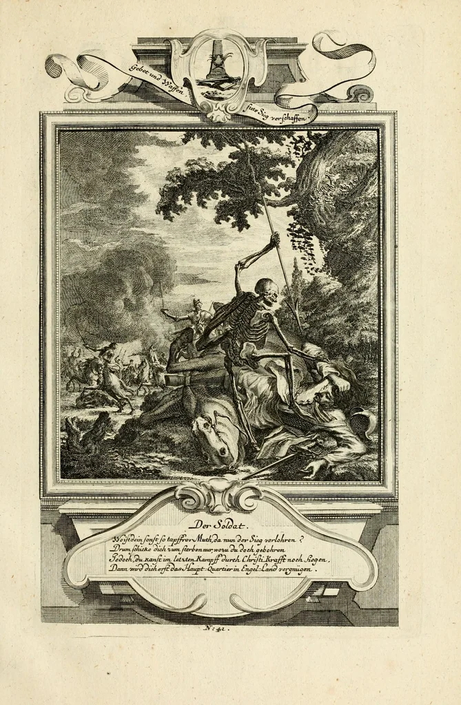 An illustration from Der sogenannte Sinn-lehr-und Geist-volle ... Todentanz : anietzo mit einigen einfältig, doch gut gemeynten Reimen und Versen versehen, 1767, leaf 181