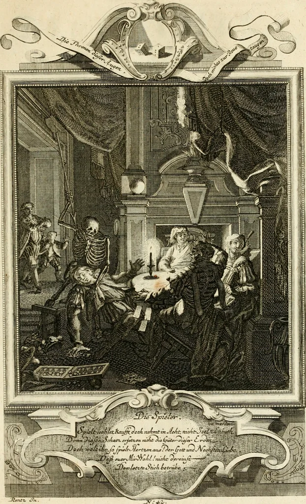 An illustration from Der sogenannte Sinn-lehr-und Geist-volle ... Todentanz : anietzo mit einigen einfältig, doch gut gemeynten Reimen und Versen versehen, 1767, leaf 184